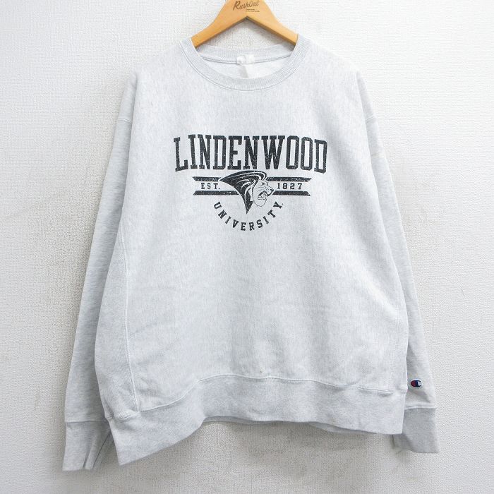 XL★古着 長袖 チャンピオン Champion リバースウィーブ メンズ リンデンウッド 大学 大きいサイズ クルーネック 薄グレー 霜降り 25mar17 中古 スウェット スエット トレーナー トップス