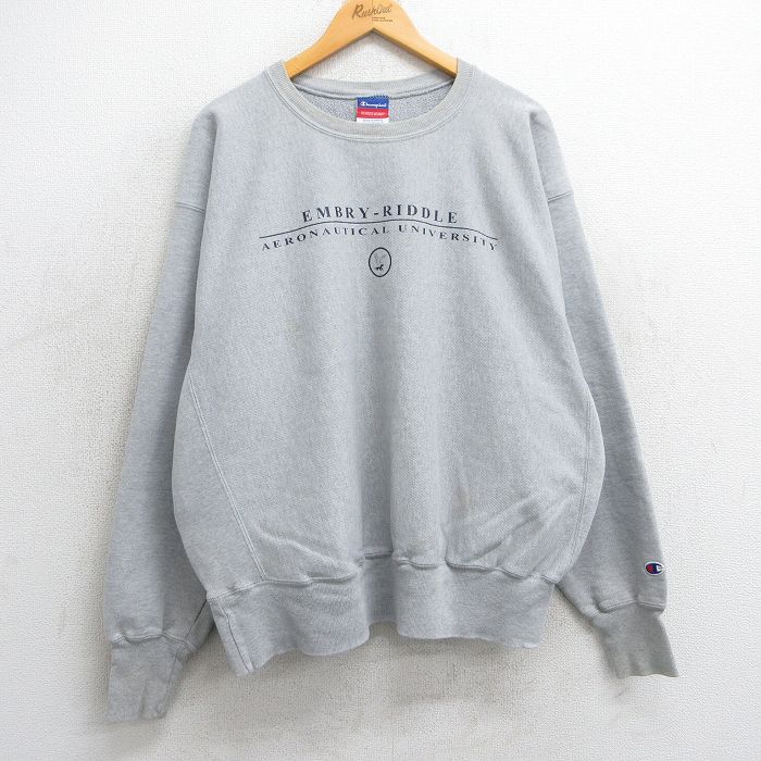 【50%OFF】XL★古着 長袖 チャンピオン Champion リバースウィーブ メンズ 00年代 00s エンブリーリドル航空 大学 大きいサイズ クルーネック グレー 霜降り 25mar17 中古 スウェット スエット トレーナー トップス