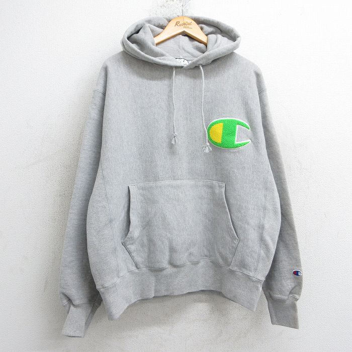 L★古着 長袖 チャンピオン Champion リバースウィーブ パーカー メンズ ワンポイントロゴ デッドストック グレー 霜降り 25mar17 中古 スウェット スエット トレーナー トップス