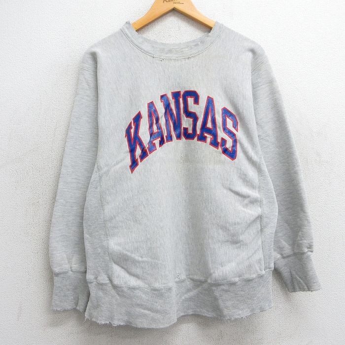 M★古着 長袖 チャンピオン Champion リバースウィーブ メンズ 80年代 80s カンザス クルーネック USA製 グレー 霜降り 25mar17 中古 スウェット スエット トレーナー トップス