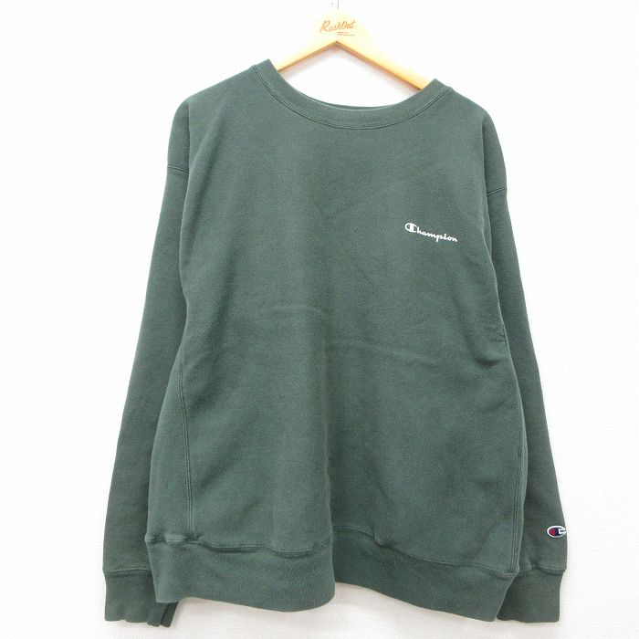 XL★古着 長袖 チャンピオン Champion リバースウィーブ メンズ 00年代 00s ワンポイントロゴ 大きいサイズ クルーネック 緑 グリーン 25mar22 中古 スウェット スエット トレーナー トップス