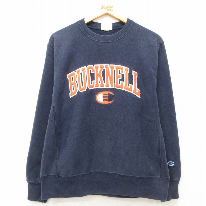 M★古着 長袖 チャンピオン Champion リバースウィーブ メンズ BUCKNELL クルーネック 紺 ネイビー 25mar22 中古 スウェット スエット トレーナー トップス