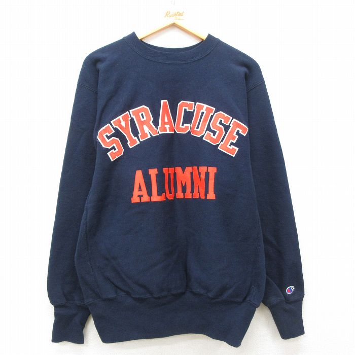 XL★古着 長袖 チャンピオン Champion リバースウィーブ メンズ 90年代 90s SYRACUSE クルーネック USA製 濃紺 ネイビー 【spe】 25mar22 中古 スウェット スエット トレーナー トップス