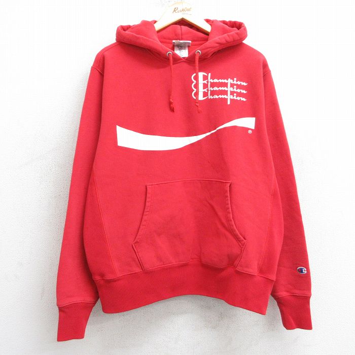 XL★古着 長袖 チャンピオン Champion リバースウィーブ パーカー メンズ ビッグロゴ コカコーラ 赤 レッド 25mar24 中古 スウェット スエット トレーナー トップス