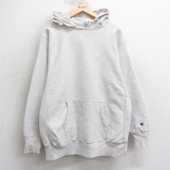 XL★古着 長袖 チャンピオン Champion リバースウィーブ パーカー メンズ 90年代 90s ワンポイントロゴ USA製 薄グレー 霜降り 25mar24 中古 スウェット スエット トレーナー トップス
