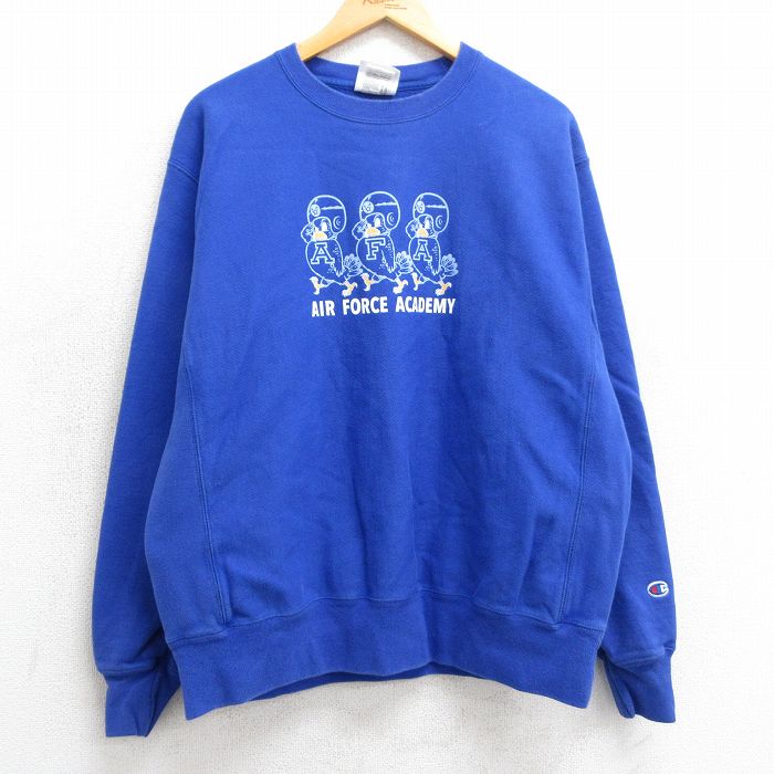 XL★古着 長袖 チャンピオン Champion リバースウィーブ メンズ エアフォース アカデミー 鳥 フットボール クルーネック 青 ブルー 【spe】 25mar24 中古 スウェット スエット トレーナー トップス