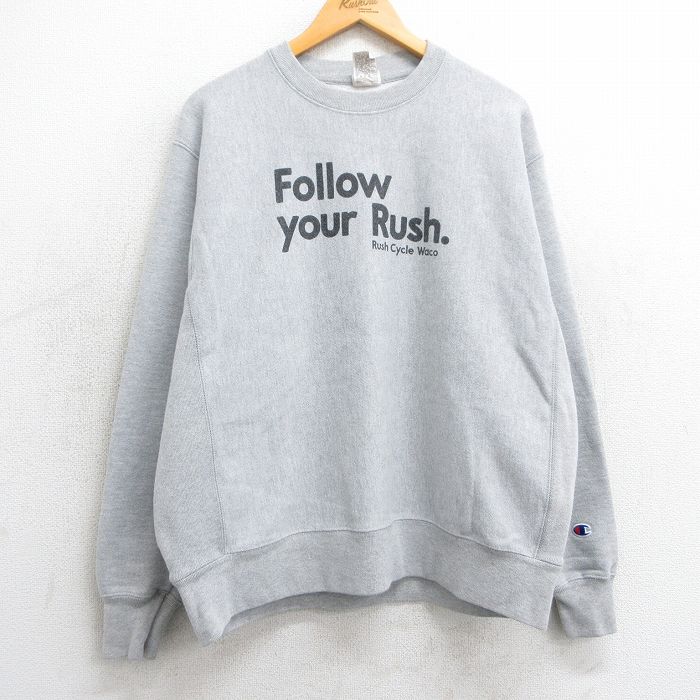 XL★古着 長袖 チャンピオン Champion リバースウィーブ メンズ Follow your Rush クルーネック グレー 霜降り 25mar24 中古 スウェット スエット トレーナー トップス