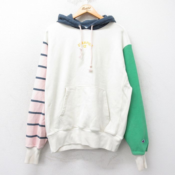 【50%OFF】XL★古着 長袖 チャンピオン Champion リバースウィーブ パーカー メンズ ワンポイントロゴ マルチカラー 生成り他 25mar27 中古 スウェット スエット トレーナー トップス