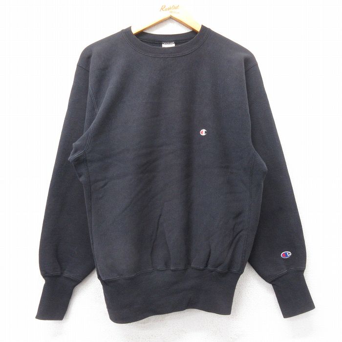 L★古着 長袖 チャンピオン Champion リバースウィーブ メンズ 90年代 90s ワンポイントロゴ クルーネック USA製 黒 ブラック 【spe】 25mar27 中古 スウェット スエット トレーナー トップス