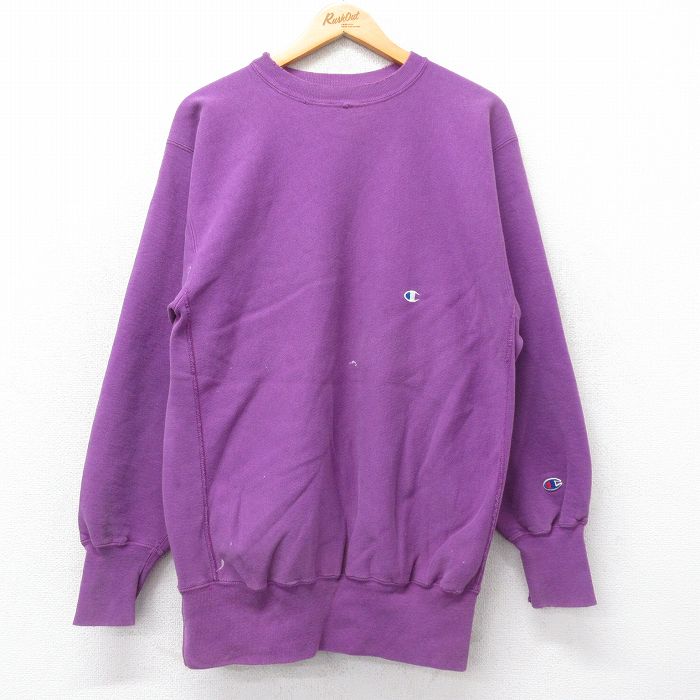 【20%OFF】L★古着 長袖 チャンピオン Champion リバースウィーブ メンズ 90年代 90s ワンポイントロゴ クルーネック 紫 パープル 25mar27 中古 スウェット スエット トレーナー トップス