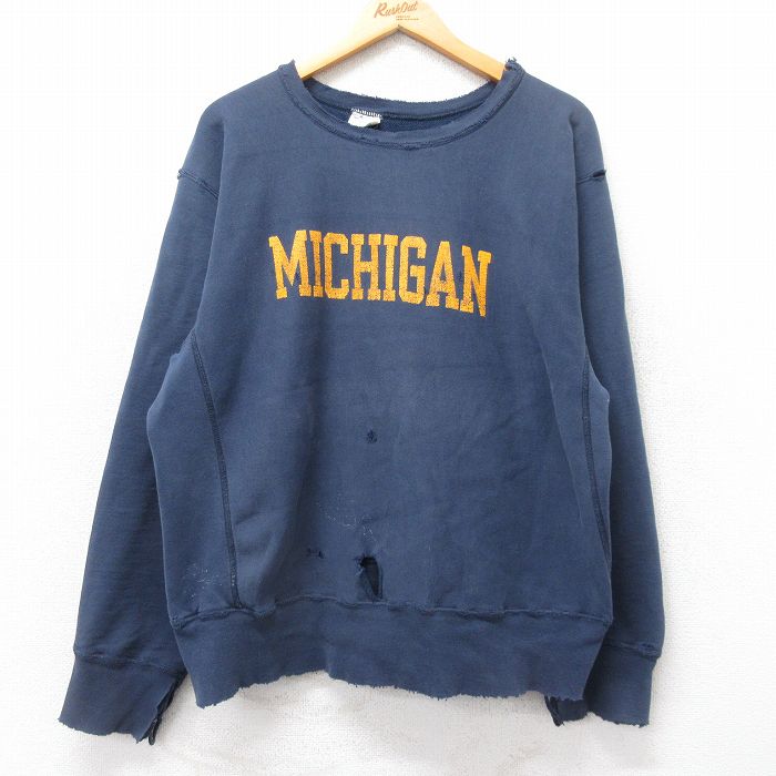 XL★古着 長袖 チャンピオン Champion リバースウィーブ メンズ 80年代 80s ミシガン ボロ クルーネック 紺 ネイビー 【spe】 25mar27 中古 スウェット スエット トレーナー トップス