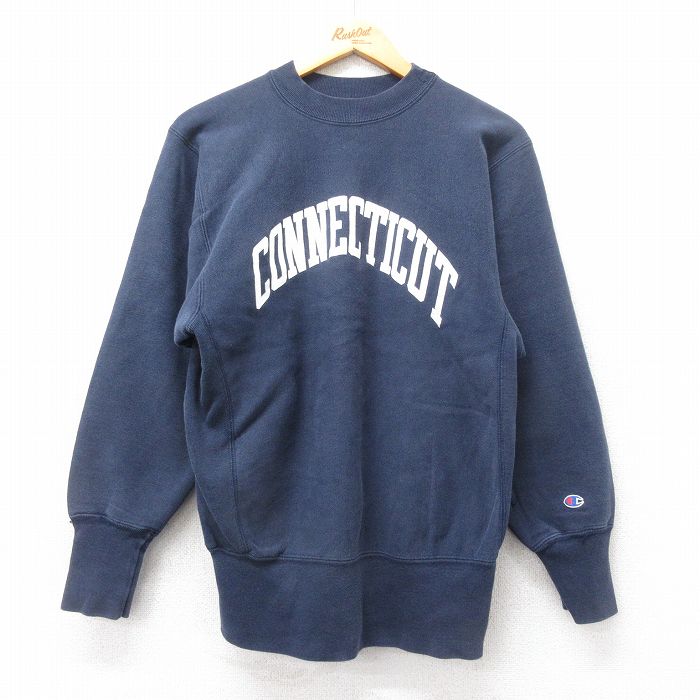 M★古着 長袖 チャンピオン Champion リバースウィーブ メンズ 90年代 90s CONNECTICUT クルーネック USA製 紺 ネイビー 25mar27 中古 スウェット スエット トレーナー トップス