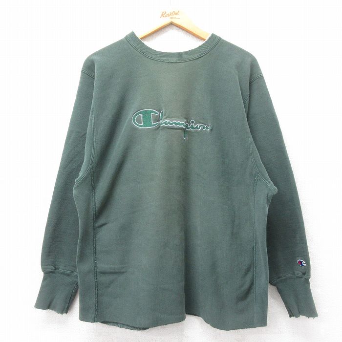 【50%OFF】L★古着 長袖 チャンピオン Champion リバースウィーブ メンズ 90年代 90s ビッグロゴ 刺繍 クルーネック USA製 緑 グリーン 25mar27 中古 スウェット スエット トレーナー トップス