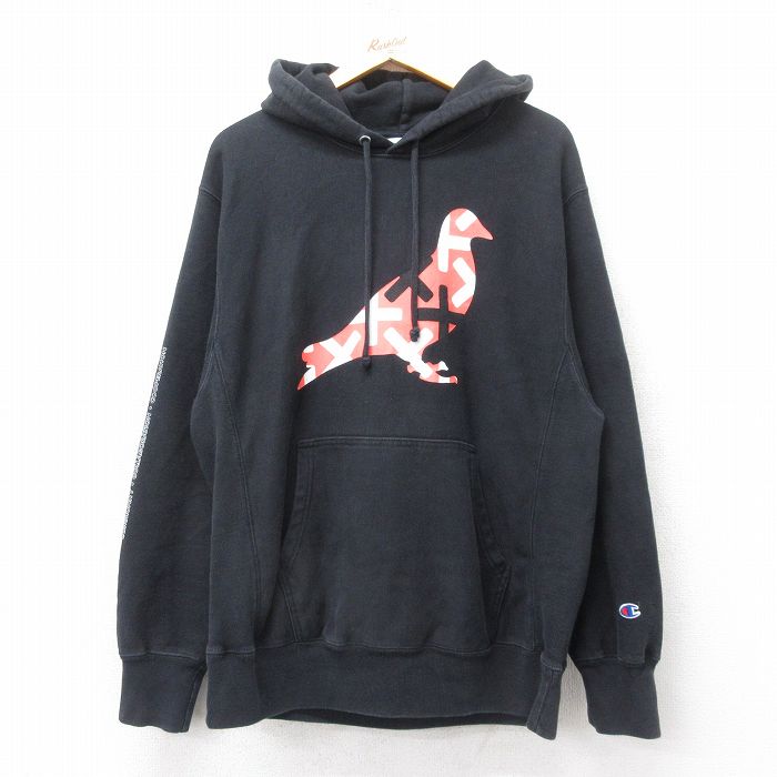 【20%OFF】L★古着 長袖 チャンピオン Champion リバースウィーブ メンズ COLLABOR AID 黒 ブラック 25mar27 中古 スウェット スエット トレーナー トップス