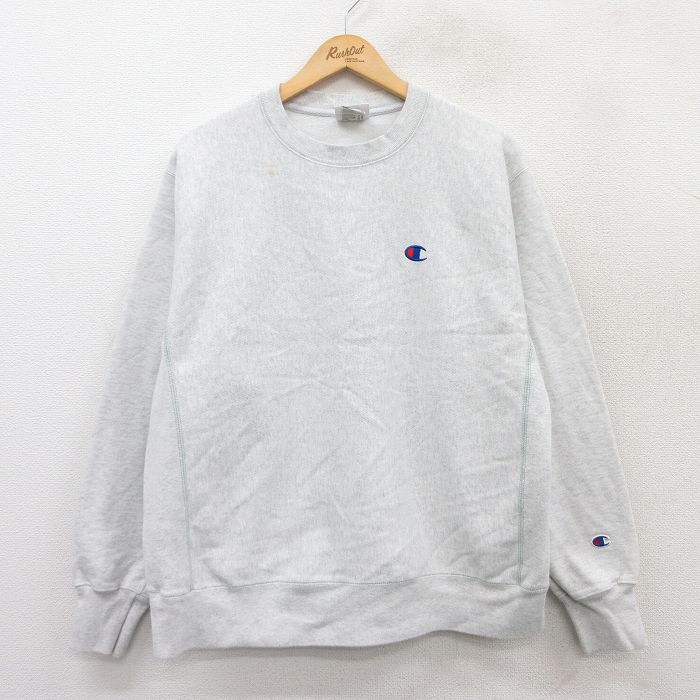L★古着 長袖 チャンピオン Champion リバースウィーブ メンズ ワンポイントロゴ クルーネック 薄グレー 霜降り 25apr09 中古 スウェット スエット トレーナー トップス