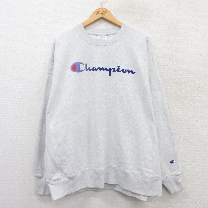 【50%OFF】XL★古着 長袖 チャンピオン Champion リバースウィーブ メンズ ビッグロゴ 大きいサイズ クルーネック 薄グレー 霜降り 25apr09 中古 スウェット スエット トレーナー トップス