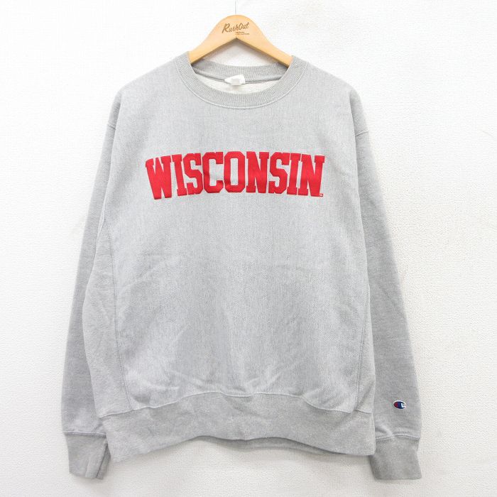 XL★古着 長袖 チャンピオン Champion リバースウィーブ メンズ WISCONSIN 大きいサイズ クルーネック グレー 霜降り 25apr09 中古 スウェット スエット トレーナー トップス
