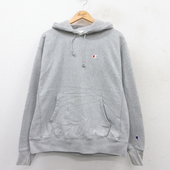 XL★古着 長袖 チャンピオン Champion リバースウィーブ パーカー メンズ ワンポイントロゴ グレー 霜降り 25apr09 中古 スウェット スエット トレーナー トップス