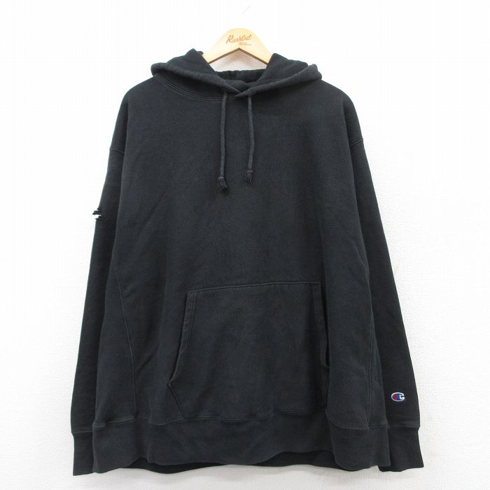 XL★古着 長袖 チャンピオン Champion リバースウィーブ パーカー メンズ ROLFE 大きいサイズ 黒 ブラック 25apr09 中古 スウェット スエット トレーナー トップス