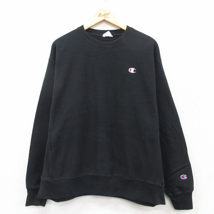 XL★古着 長袖 チャンピオン Champion リバースウィーブ メンズ ワンポイントロゴ 大きいサイズ クルーネック 黒 ブラック 25apr09 中古 スウェット スエット トレーナー トップス