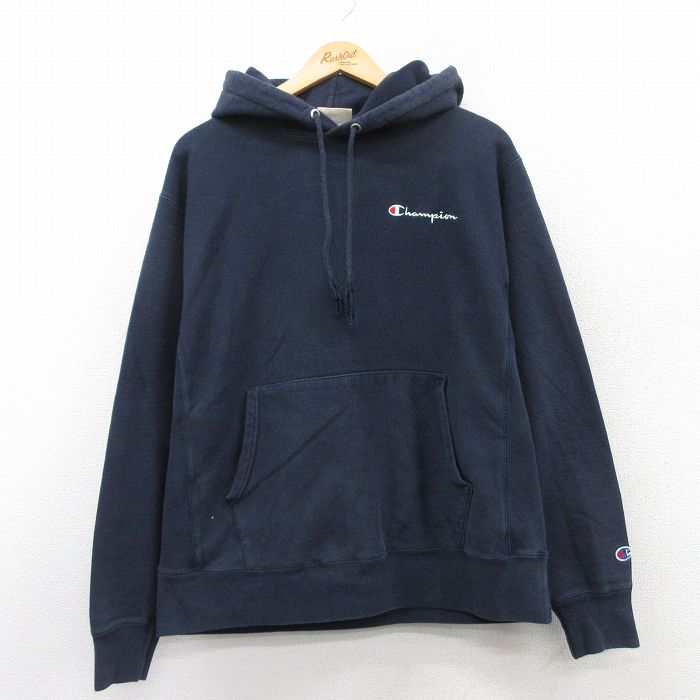 XL★古着 長袖 チャンピオン Champion リバースウィーブ パーカー メンズ ワンポイントロゴ 紺 ネイビー 25apr09 中古 スウェット スエット トレーナー トップス