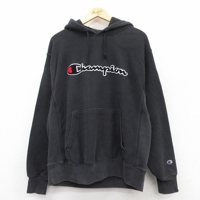 【50%OFF】XL★古着 長袖 チャンピオン Champion リバースウィーブ パーカー メンズ ビッグロゴ 黒 ブラック 25apr10 中古 スウェット スエット トレーナー トップス