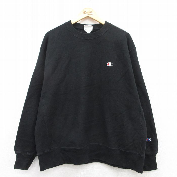XL★古着 長袖 チャンピオン Champion リバースウィーブ メンズ ビッグロゴ 大きいサイズ クルーネック 黒 ブラック 25apr10 中古 スウェット スエット トレーナー トップス