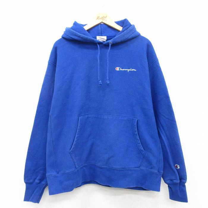 XL★古着 長袖 チャンピオン Champion リバースウィーブ パーカー メンズ ワンポイントロゴ 大きいサイズ 青 ブルー 25apr10 中古 スウェット スエット トレーナー トップス