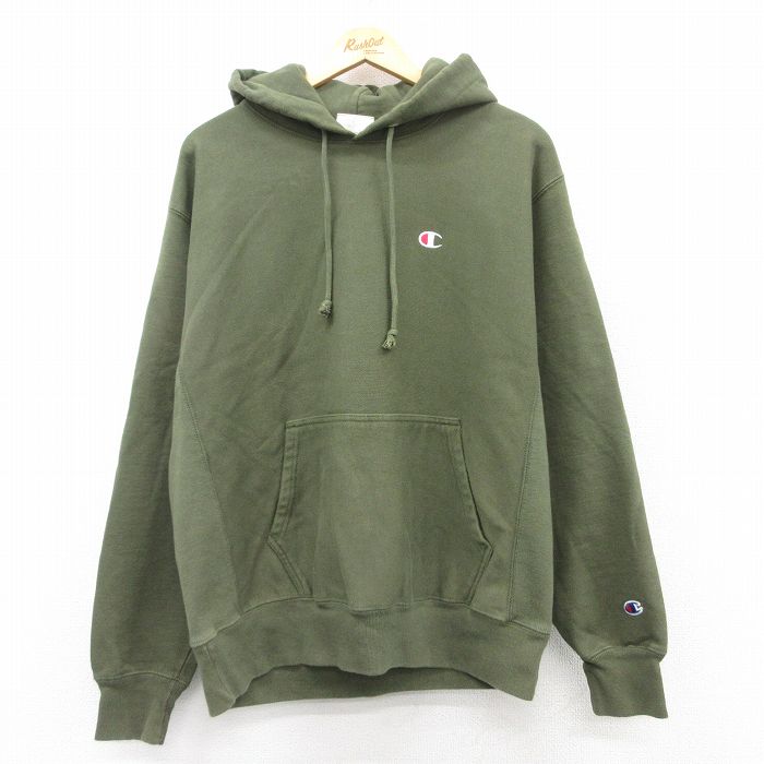 XL★古着 長袖 チャンピオン Champion リバースウィーブ パーカー メンズ ワンポイントロゴ 濃緑 グリーン 25apr10 中古 スウェット スエット トレーナー トップス