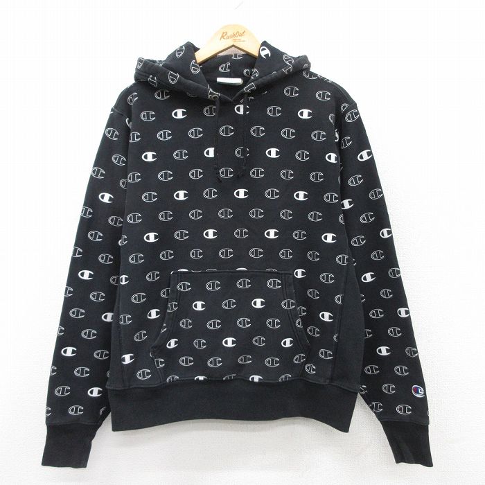 L★古着 長袖 チャンピオン Champion リバースウィーブ パーカー メンズ 総柄 黒他 ブラック 25apr10 中古 スウェット スエット トレーナー トップス