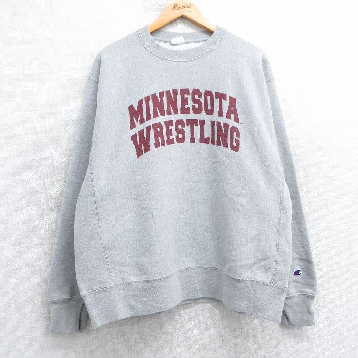 XL★古着 長袖 チャンピオン Champion リバースウィーブ メンズ ミネソタ レスリング クルーネック グレー 霜降り 25apr12 中古 スウェット スエット トレーナー トップス