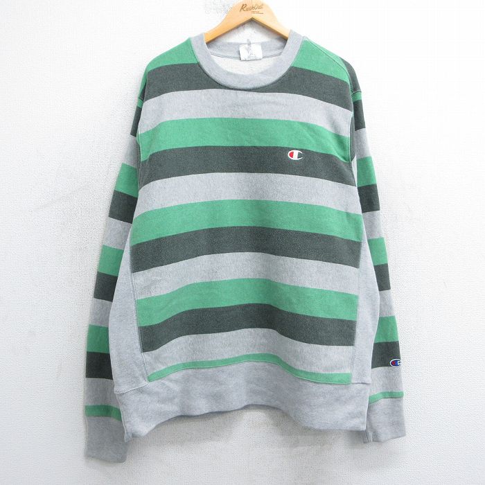 XL★古着 長袖 チャンピオン Champion リバースウィーブ メンズ ワンポイントロゴ 大きいサイズ クルーネック グレー 霜降り他 ボーダー 【spe】 25apr12 中古 スウェット スエット トレーナー トップス