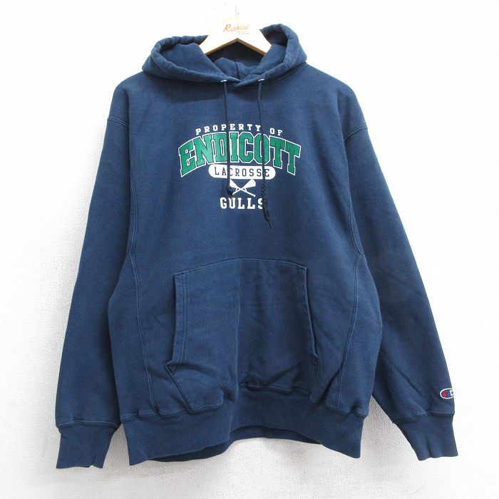 【20%OFF】L★古着 長袖 チャンピオン Champion リバースウィーブ パーカー メンズ 00年代 00s エンディコット ラクロス 紺 ネイビー 25apr12 中古 スウェット スエット トレーナー トップス