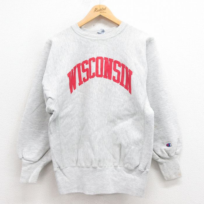 【20%OFF】M★古着 長袖 チャンピオン Champion リバースウィーブ メンズ 90年代 90s ウィスコンシン クルーネック USA製 グレー 霜降り 25aug13 中古 スウェット スエット トレーナー トップス