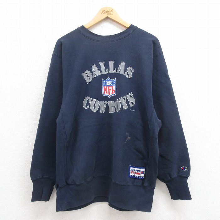 【50%OFF】L★古着 長袖 チャンピオン Champion リバースウィーブ メンズ 90年代 90s NFL ダラスカウボーイズ クルーネック 紺 ネイビー アメフト スーパーボウル 25aug13 中古 スウェット スエット トレーナー トップス