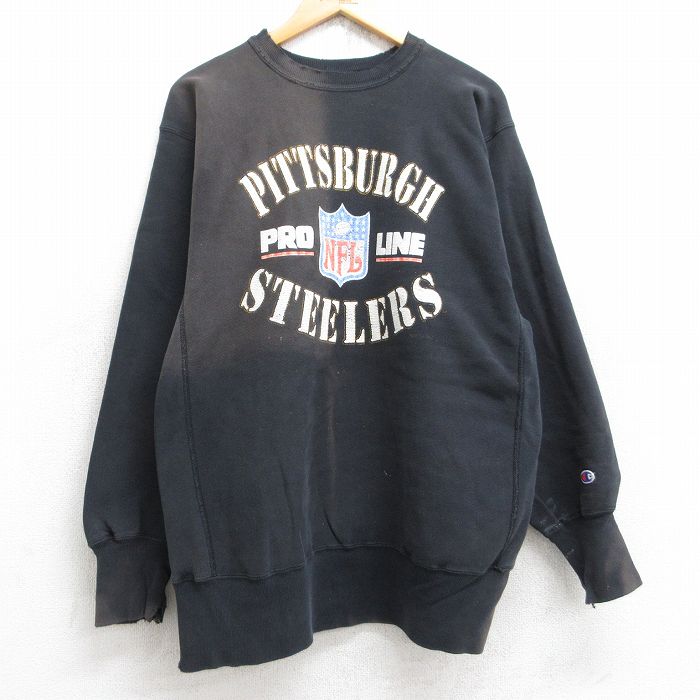 L★古着 長袖 チャンピオン Champion リバースウィーブ メンズ 90年代 90s NFL ピッツバーグスティーラーズ クルーネック 黒 ブラック アメフト スーパーボウル 25aug19 中古 スウェット スエット トレーナー トップス