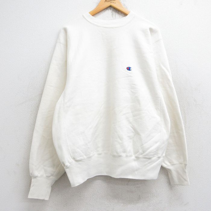 XL★古着 長袖 チャンピオン Champion リバースウィーブ メンズ 80年代 80s ワンポイントロゴ クルーネック USA製 白 ホワイト 【spe】 25aug19 中古 スウェット スエット トレーナー トップス