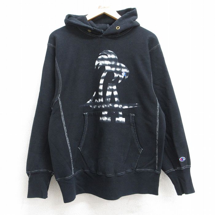L★古着 長袖 チャンピオン Champion リバースウィーブ パーカー メンズ ワンポイントロゴ ヤシの木 魚 黒 ブラック 25aug19 中古 スウェット スエット トレーナー トップス