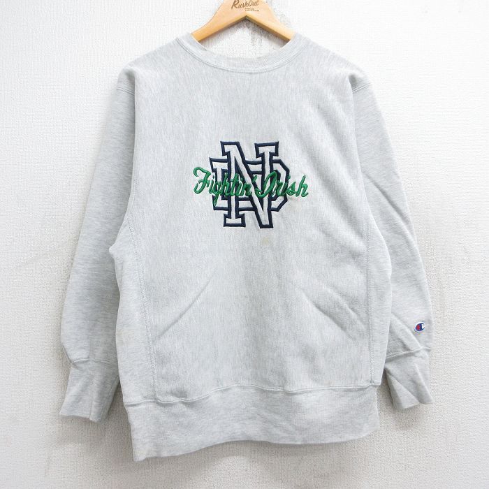 M★古着 長袖 チャンピオン Champion リバースウィーブ メンズ 90年代 90s ノートルダム アイリッシュ 刺繍 クルーネック 薄グレー 霜降り 25aug19 中古 スウェット スエット トレーナー トップス
