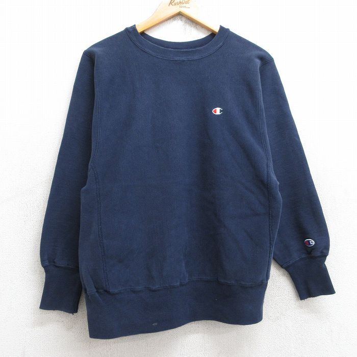 【20%OFF】M★古着 長袖 チャンピオン Champion リバースウィーブ メンズ 90年代 90s ワンポイントロゴ クルーネック USA製 紺 ネイビー 25aug19 中古 スウェット スエット トレーナー トップス