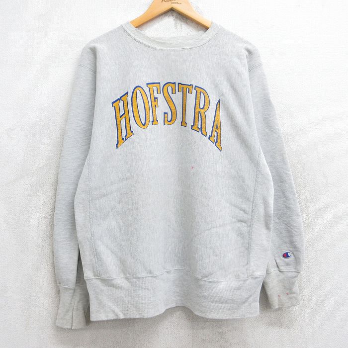 L★古着 長袖 チャンピオン Champion リバースウィーブ メンズ 90年代 90s ホフストラ クルーネック USA製 薄グレー 霜降り 25aug19 中古 スウェット スエット トレーナー トップス