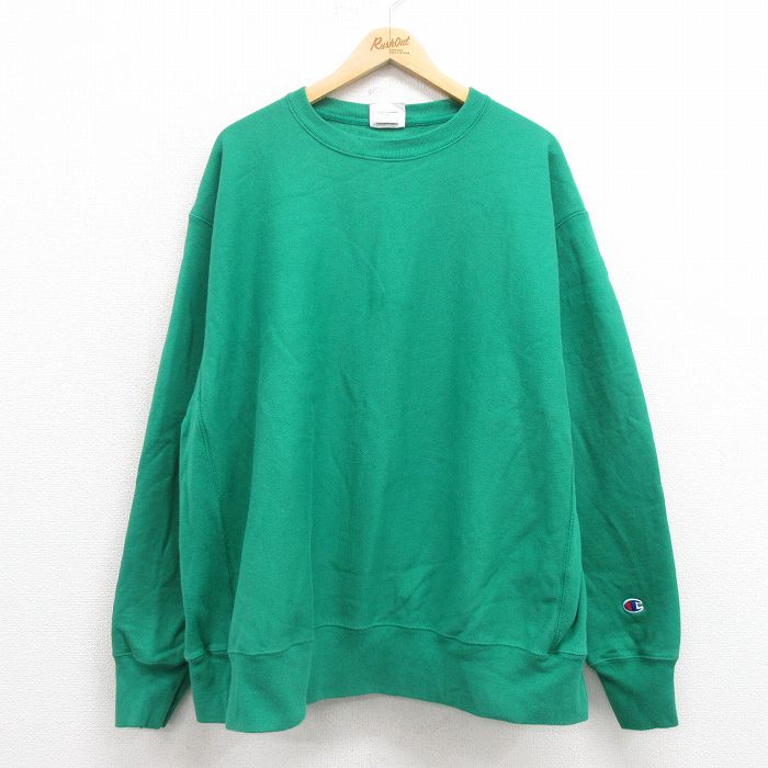 XL★古着 長袖 チャンピオン Champion リバースウィーブ メンズ ワンポイントロゴ 大きいサイズ クルーネック 緑 グリーン 25sep02 中古 スウェット スエット トレーナー トップス