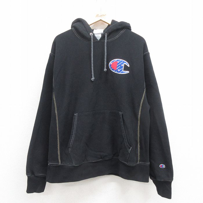 XL★古着 長袖 チャンピオン Champion リバースウィーブ パーカー メンズ ワンポイントロゴ 黒 ブラック 25sep05 中古 スウェット スエット トレーナー トップス