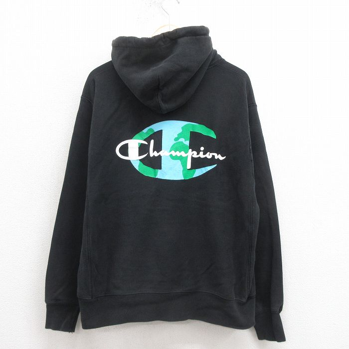 XL★古着 長袖 チャンピオン Champion リバースウィーブ パーカー メンズ ビッグロゴ 黒 ブラック 25sep05 中古 スウェット スエット トレーナー トップス