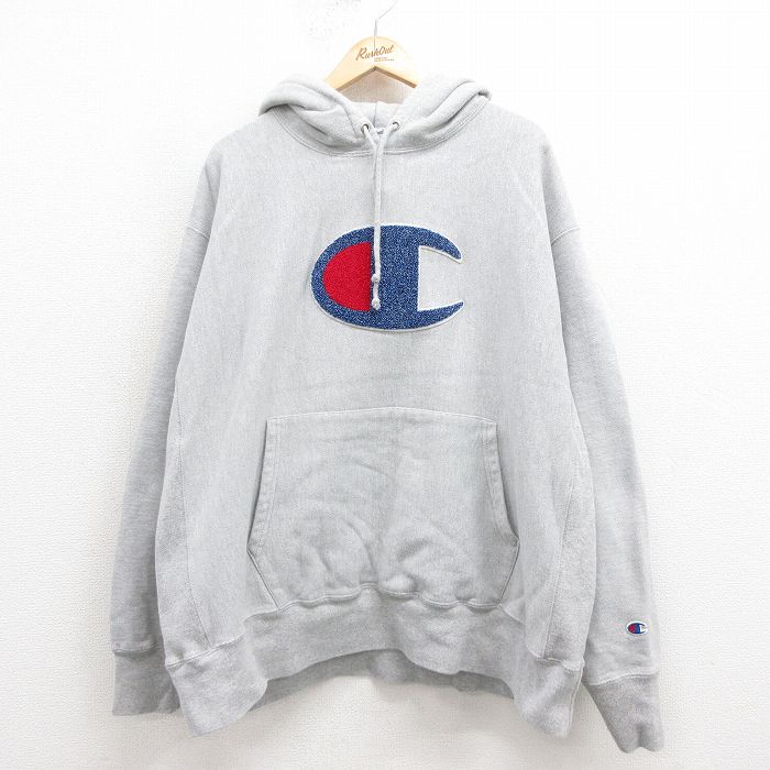 XL★古着 長袖 チャンピオン Champion リバースウィーブ パーカー メンズ ビッグロゴ 大きいサイズ グレー 霜降り 25sep05 中古 スウェット スエット トレーナー トップス