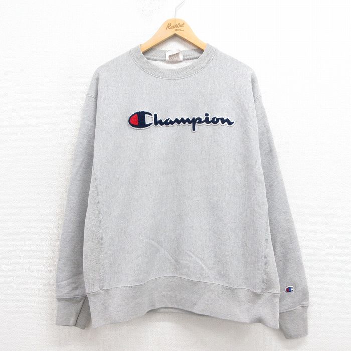 XL★古着 長袖 チャンピオン Champion リバースウィーブ メンズ ビッグロゴ クルーネック グレー 霜降り 25sep20 中古 スウェット スエット トレーナー トップス