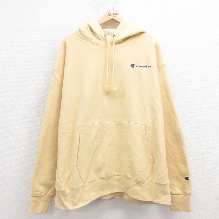 XL★古着 長袖 チャンピオン Champion リバースウィーブ パーカー メンズ ワンポイントロゴ 大きいサイズ 黄色 イエロー 25sep20 中古 スウェット スエット トレーナー トップス