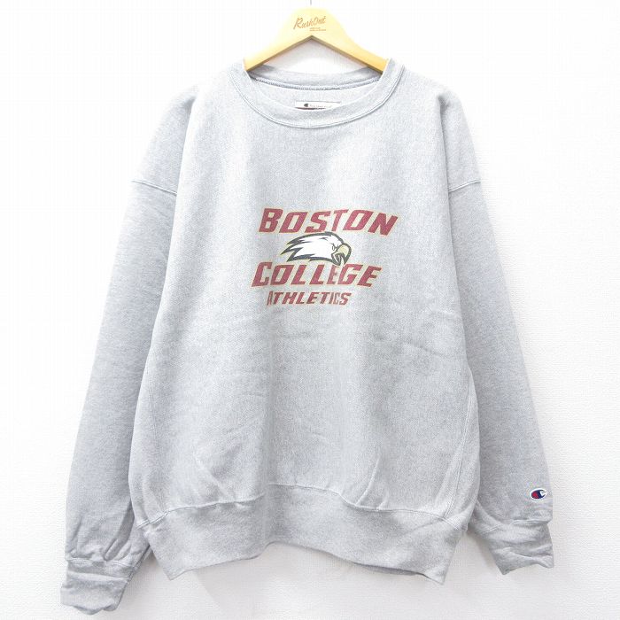 XL★古着 長袖 チャンピオン Champion リバースウィーブ メンズ 00年代 00s ボストン カレッジ 鳥 大きいサイズ クルーネック グレー 霜降り 25sep22 中古 スウェット スエット トレーナー トップス