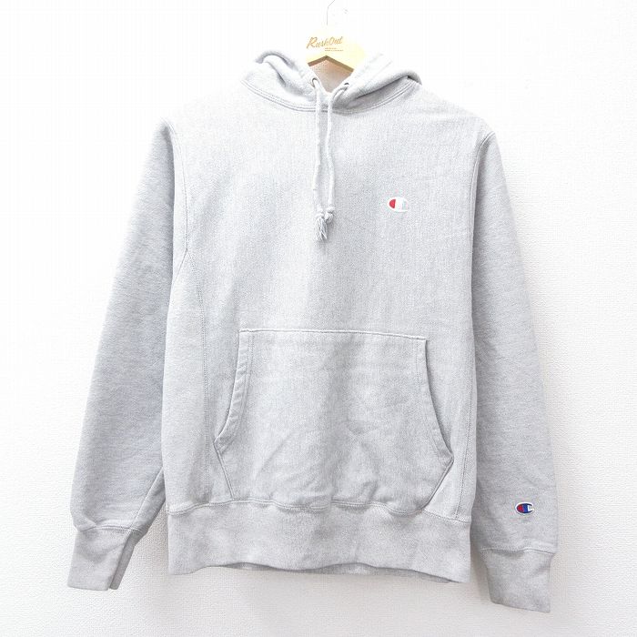 S★古着 長袖 チャンピオン Champion リバースウィーブ パーカー メンズ ワンポイントロゴ グレー 霜降り 25sep22 中古 スウェット スエット トレーナー トップス
