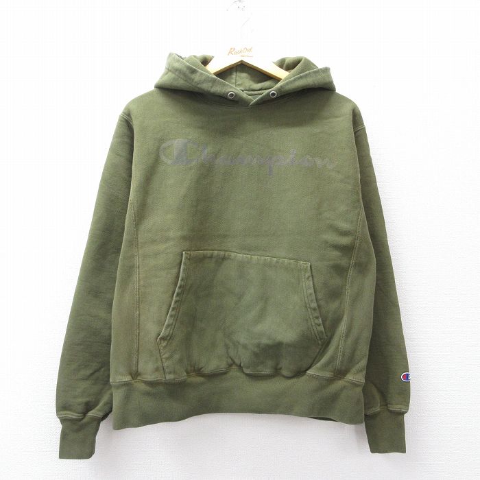 L★古着 長袖 チャンピオン Champion リバースウィーブ パーカー メンズ ビッグロゴ 濃緑 グリーン 25sep22 中古 スウェット スエット トレーナー トップス